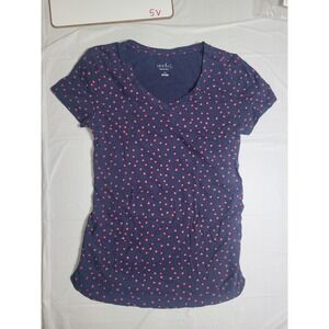 Womens Maternity short‎ sleeve shirt.  Dark blue with red hearts.  Size XS